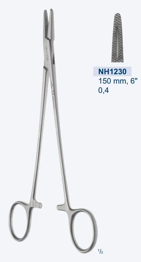 MAYO-HEGAR porta-aguja 150mm recto estriado punta 2.0mm con ranura